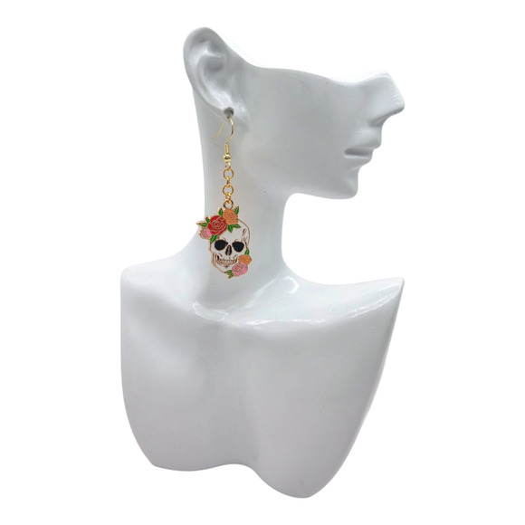 Skull & Roses Dangle Earrings | Gothic Witchy Halloween Jewelry - Picture 4 of 4